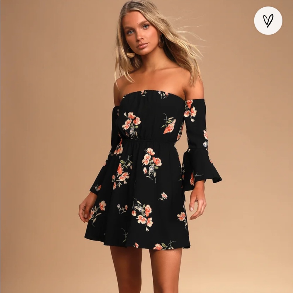 Lush Gardens Black Floral Print Off-The-Shoulder Mini Dress